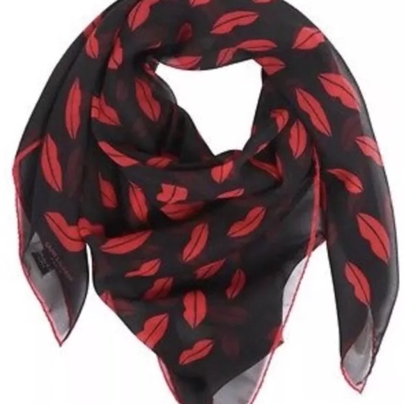 YSL Saint Laurent Paris scarf silk printed signature design sheer red lips - Picture 2 of 7